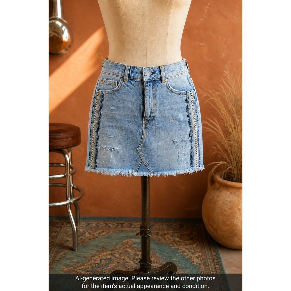 Free People Denim Mini Skirt 4 Ribbon Trim Raw Hem Festival Cowgirl Y2K